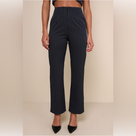 Lulus Confident Appeal Navy Blue Pinstripe High-Rise Pants - Picture 1 of 7
